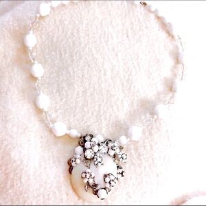 Vintage White Beaded Floral Necklace w/ Rhinestones | Mid-Century Glam